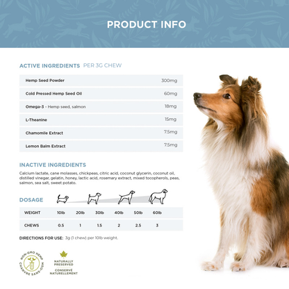 Calming 3g dog chew ingredients list and dosage information