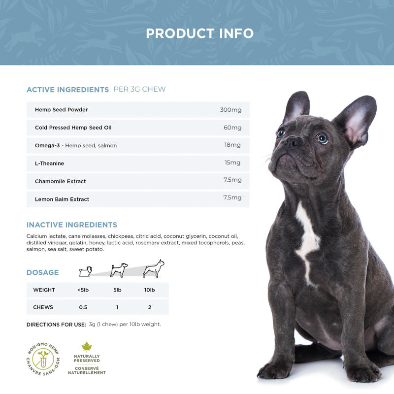 Active ingredient list and amount per 3 gram dog chew, plus dosage chart indicating daily recommended intake by dog weight