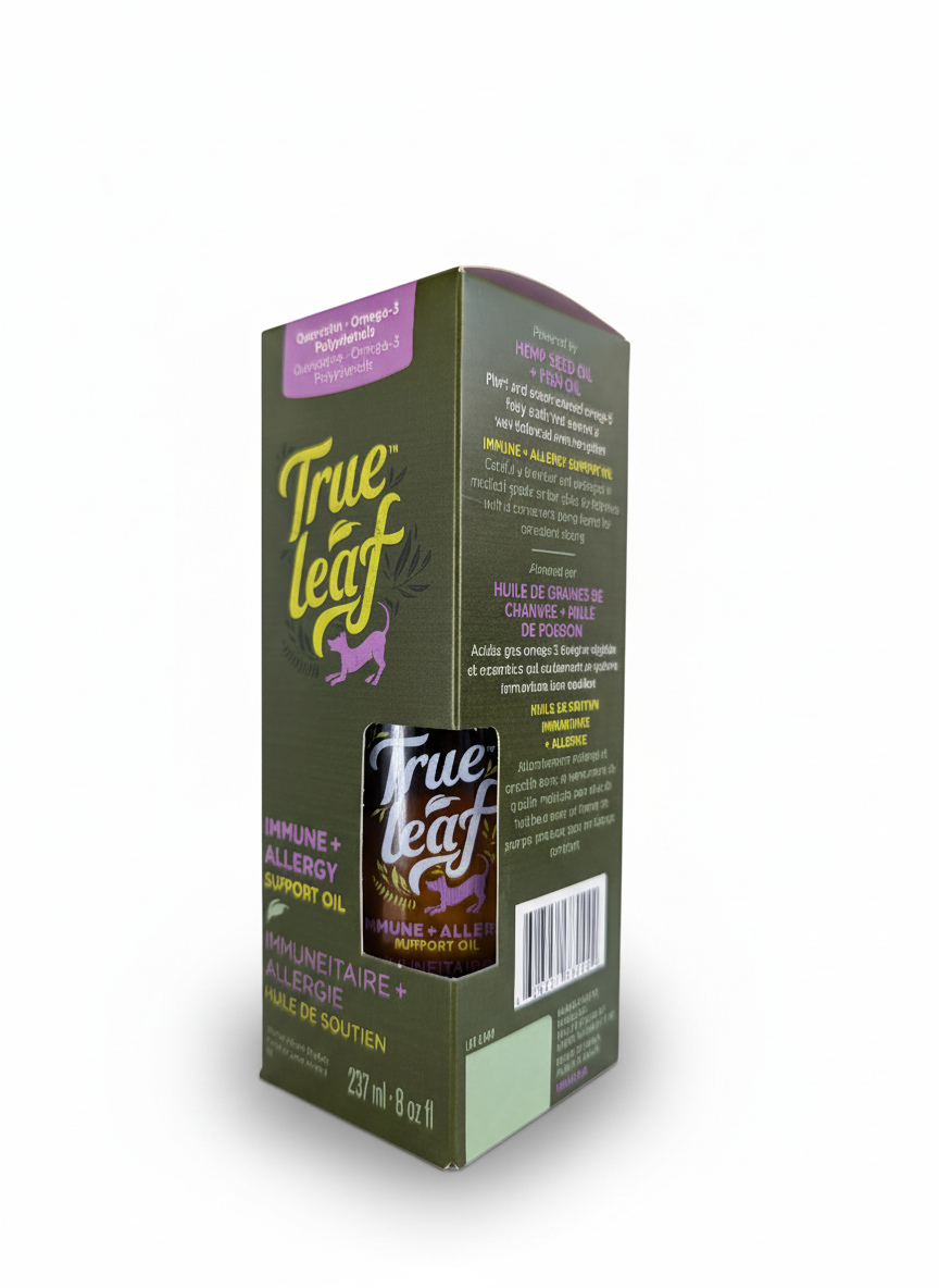 Immune and allergy support oil for dogs - green carton with amber glass bottle inside
