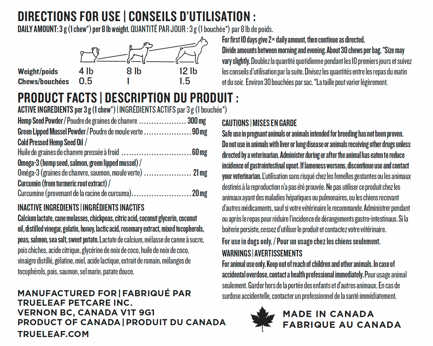 Product label with directions for use, product facts, and manufacturing information for a pet supplement.