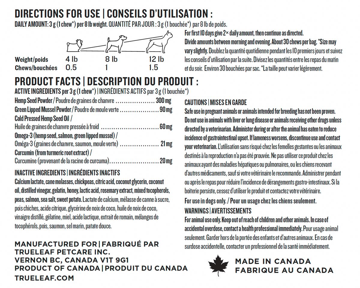 Product label with directions for use, product facts, and manufacturing information for a pet supplement.