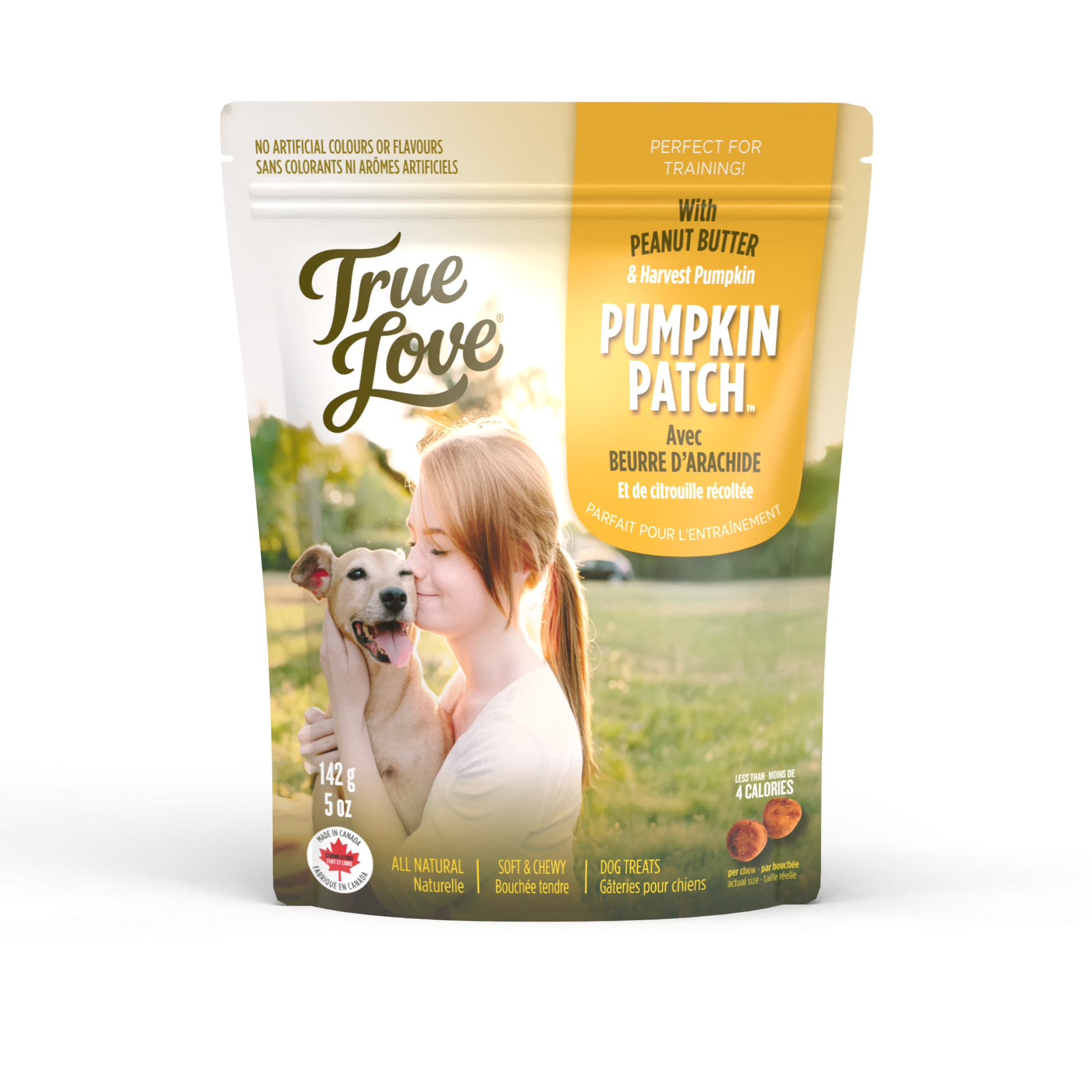 Bag of True Love dog treats with a girl hugging her dog on the front. Pumpkin Patch flavour - peanut butter and harvest pumpkin.