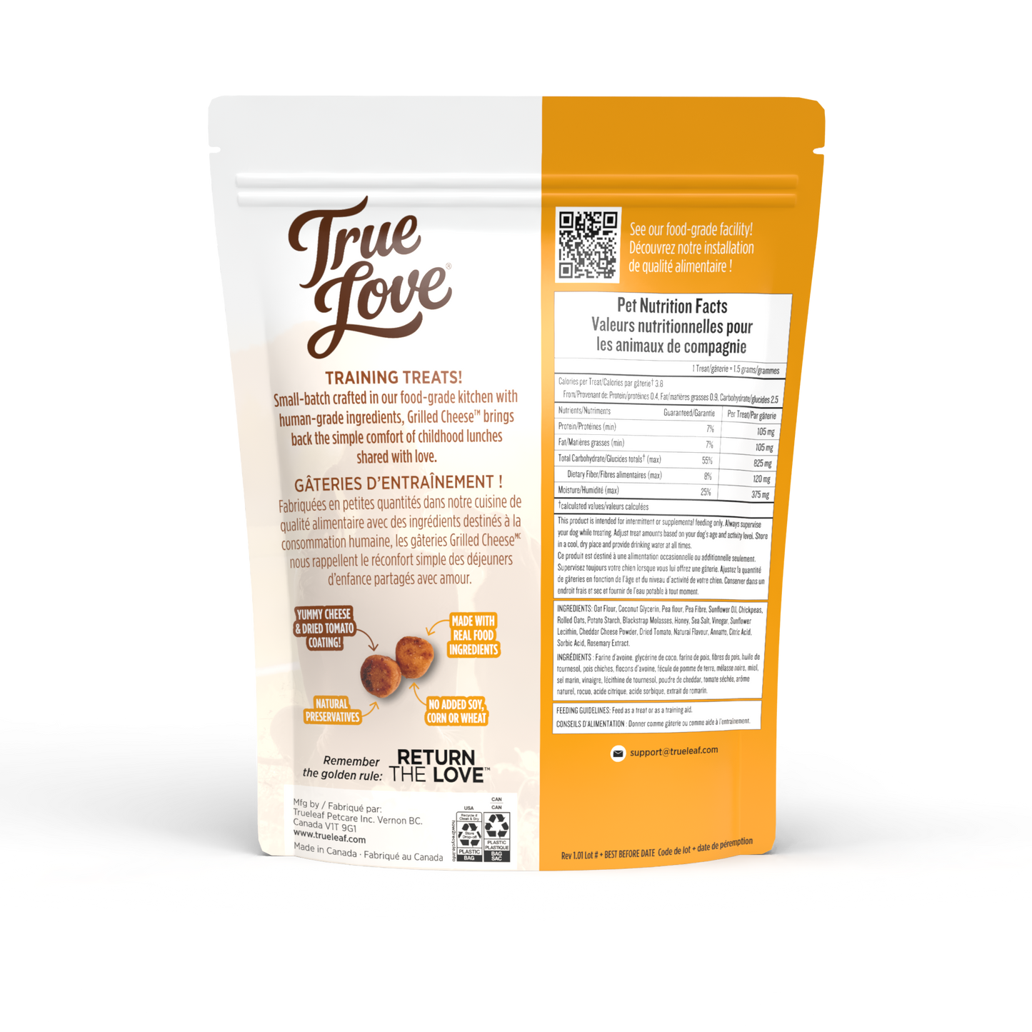 Back of bag for Grlled Cheese True Love dog treats