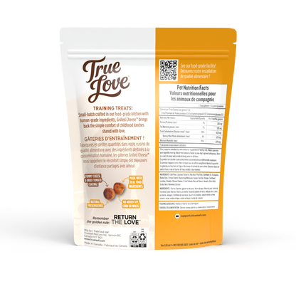 Back of bag for Grlled Cheese True Love dog treats