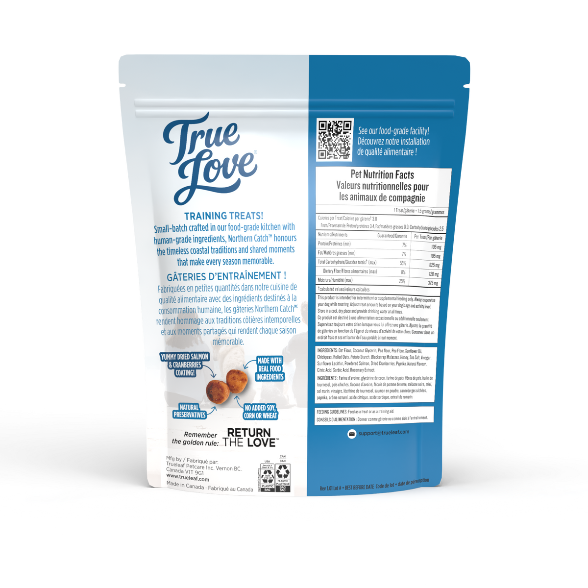Back of bag for Northern Catch True Love dog treats with salmon and cranberries
