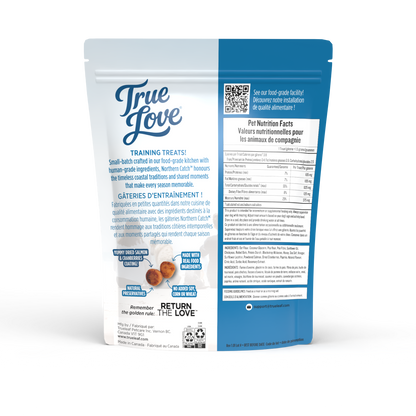 Back of bag for Northern Catch True Love dog treats with salmon and cranberries