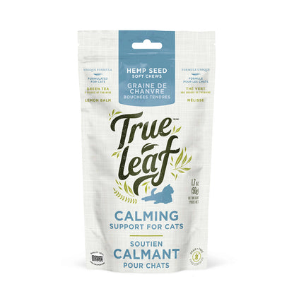 Calming support chews for cats. White 50g bag of hemp seed soft chews/treats on white background.