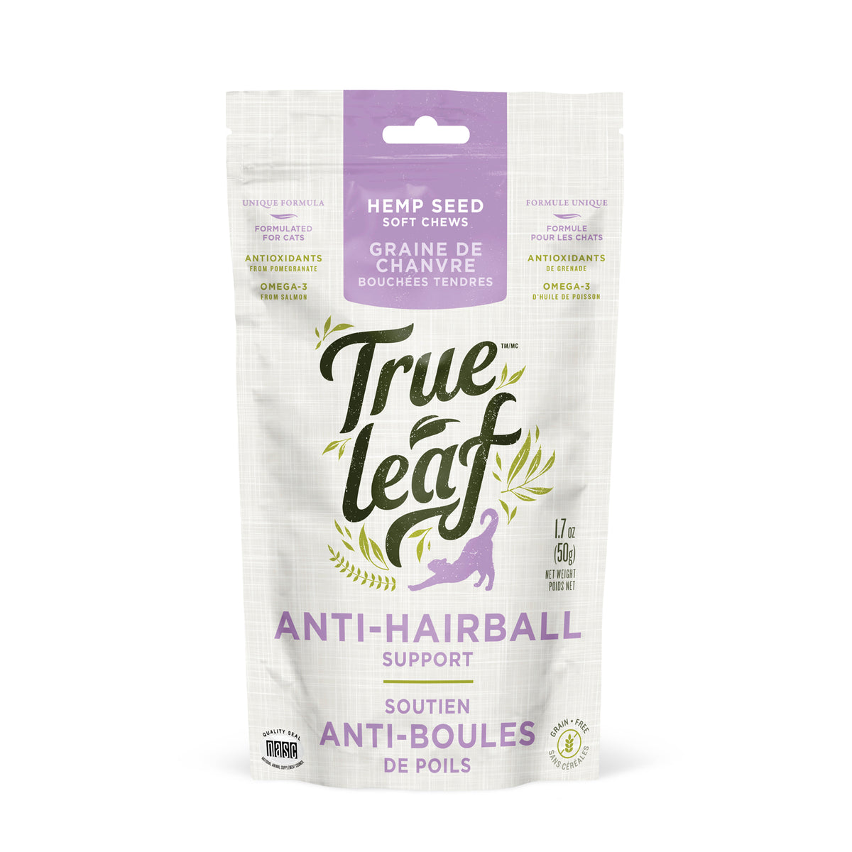 Packaging of Trueleaf anti-hairball support chews for cats, showing a white and green color scheme with images of cats and product details.