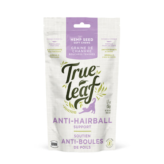 Packaging of Trueleaf anti-hairball support chews for cats, showing a white and green color scheme with images of cats and product details.