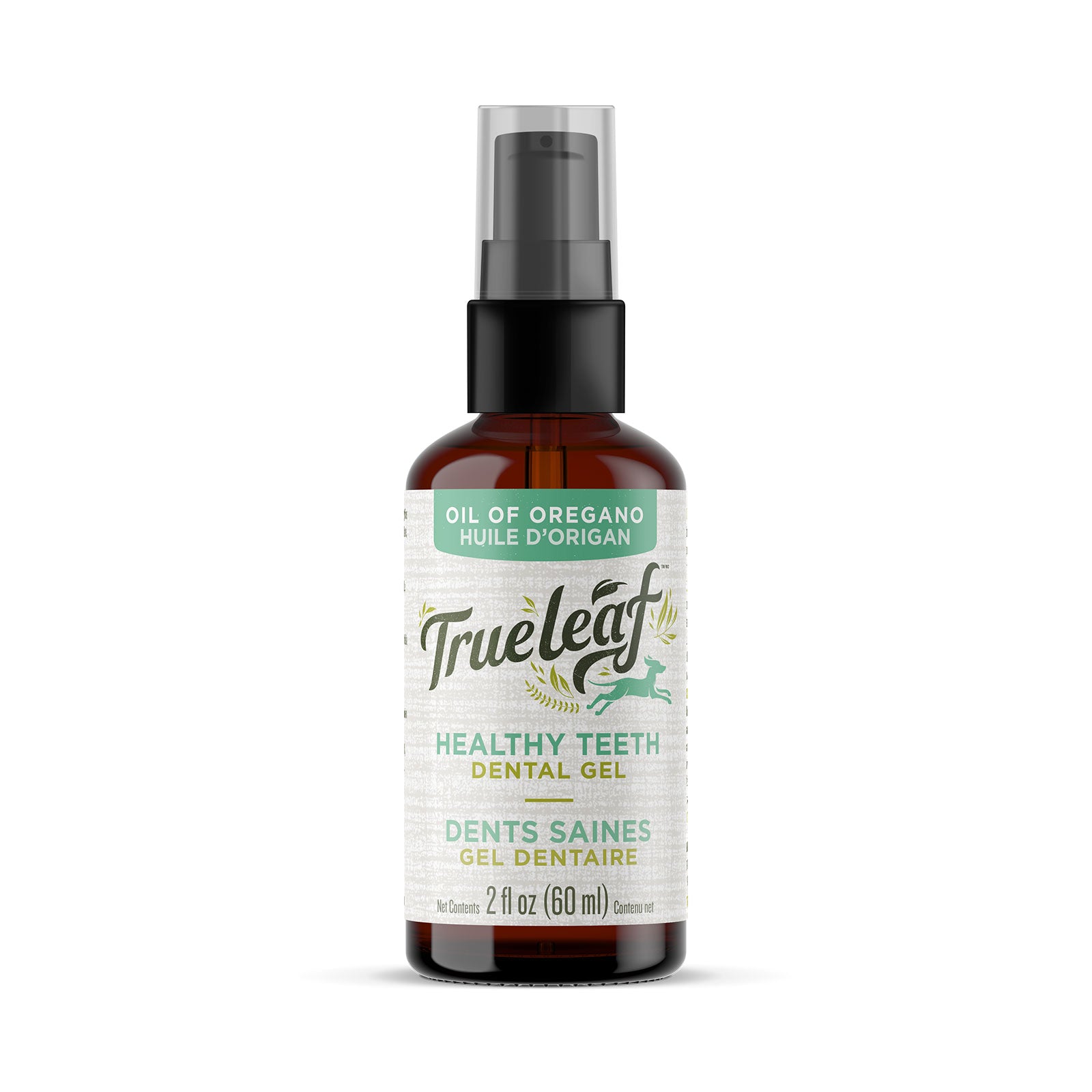 Trueleaf pet dental gel in a 60mL amber glass bottle with push dispenser top