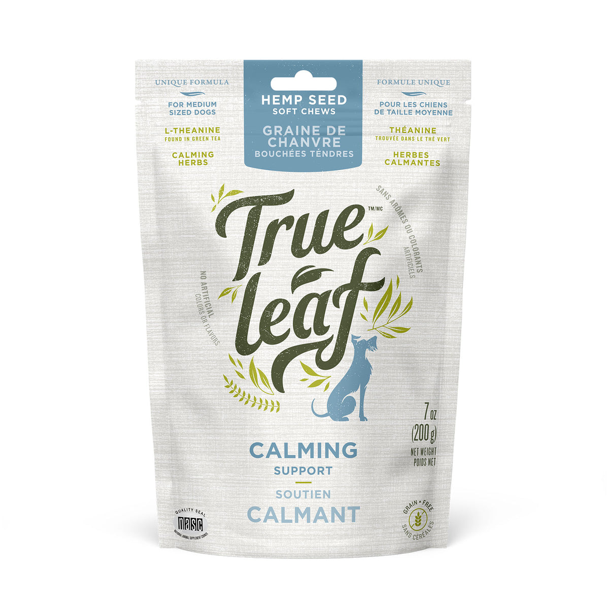 A package of 200g Trueleaf calming support hemp seed soft chews for dogs, featuring product information and branding.