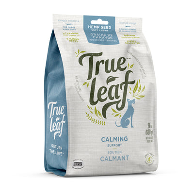 True Leaf Calming Support Chews for Dogs, 600 g pouch, front of pack.