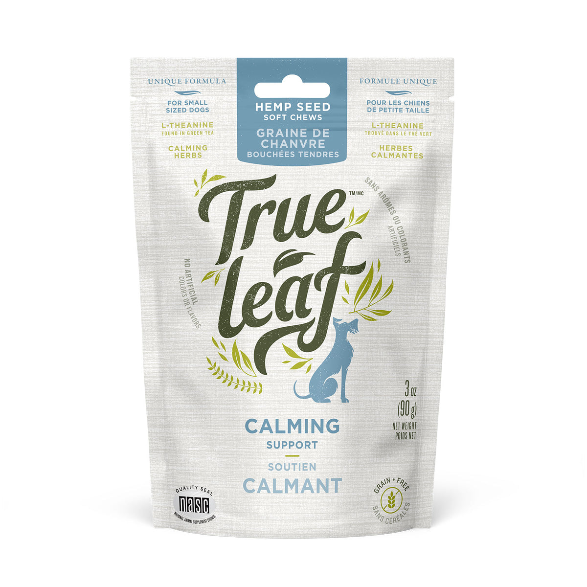 A package of Trueleaf brand calming support chews for pets, with a picture of a blue dog on the package.