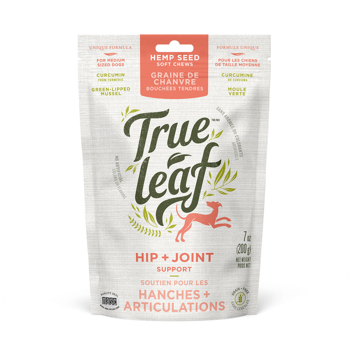 A package of 200g True Leaf Hip + Joint support soft chews for dogs, featuring product information and branding.