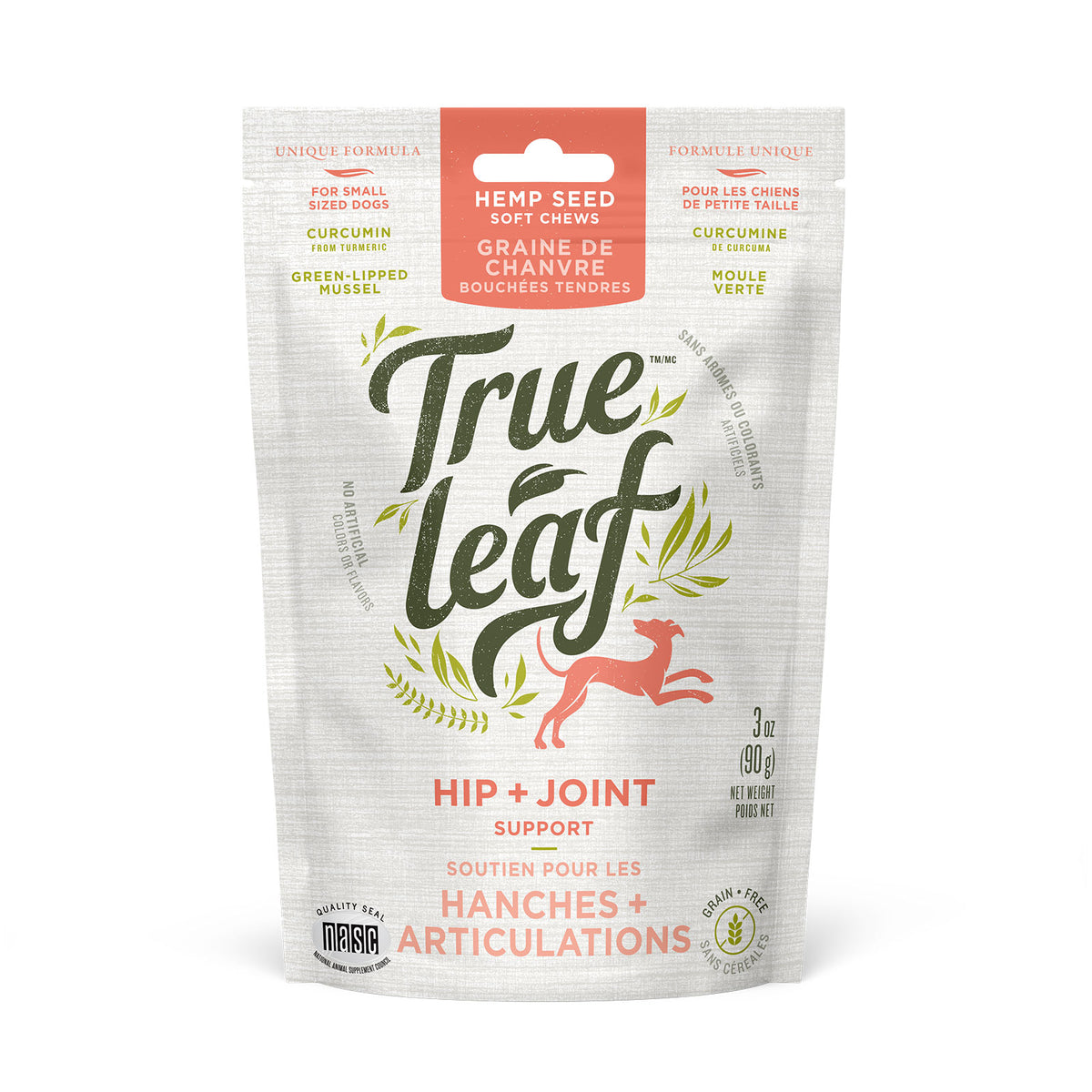 Trueleaf Hip & Joint Support chews for dogs. 90g size. White and orange pouch shown on white background.
