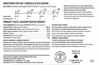 Calming 3 gram soft chew supplement label with directions for use, product facts, and manufacturing information.