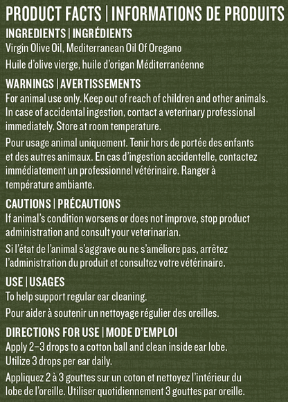 Dog ear cleaning drops product facts and direction (text on green background)