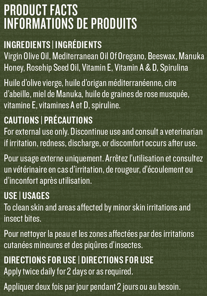 Product label with ingredients, cautions, and directions for use on a green background