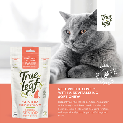 Senior cat chew info panel: "support your cat's naturally active lifestyle with hemp seed oil and other ingredients that support joint function"